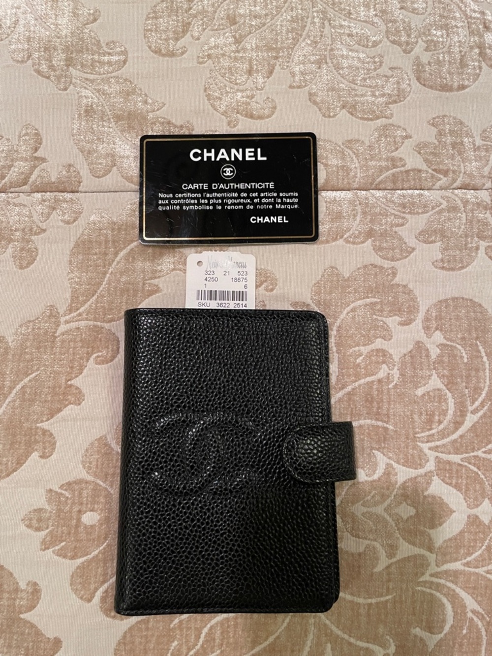 CHANEL Black Caviar Leather Phone Wallet with CC Embossed